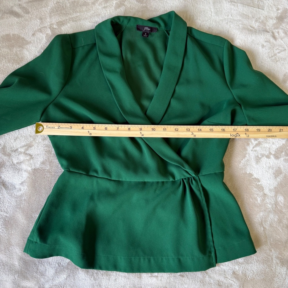 J. Crew Emerald Green Faux Wrap Peplum Blouse Size 4 Long Sleeve - Picture 4 of 8
